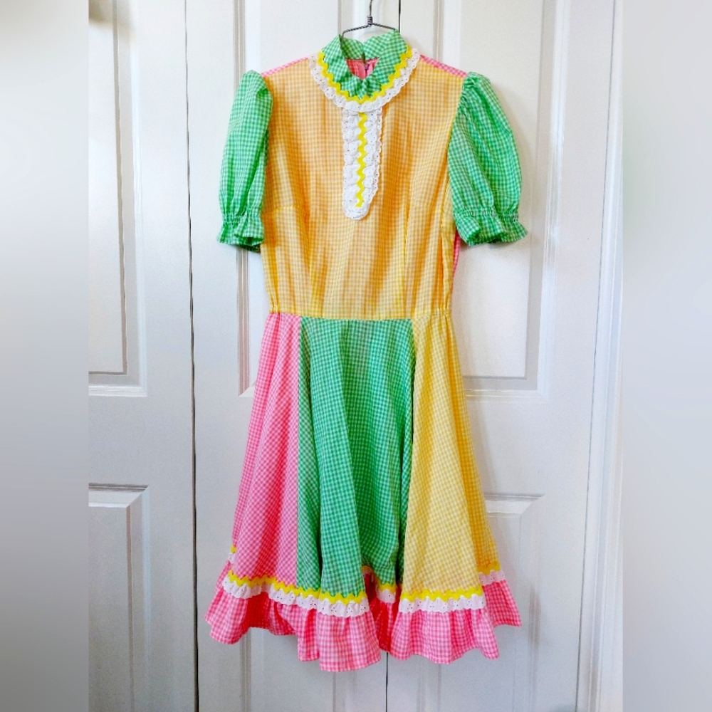 Pastel Gingham Circle Skirt Dress XSmall Square Dance 50s Bye Bye Birdie
